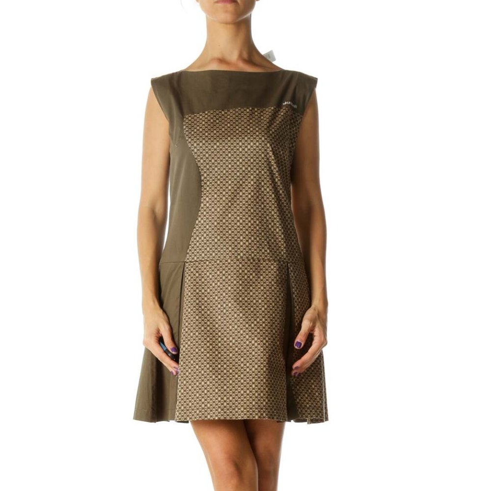 Green Brown Blue Print Pleated Boat Neck Dress